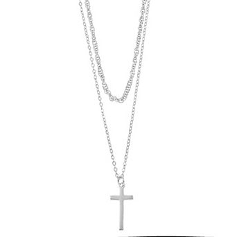 City Luxe Waterproof Silver Tone Cross Duo Chain Necklace