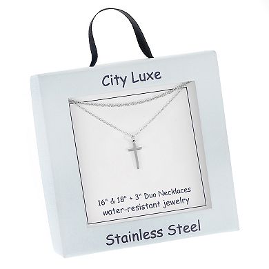 City Luxe Waterproof Silver Tone Cross Duo Chain Necklace
