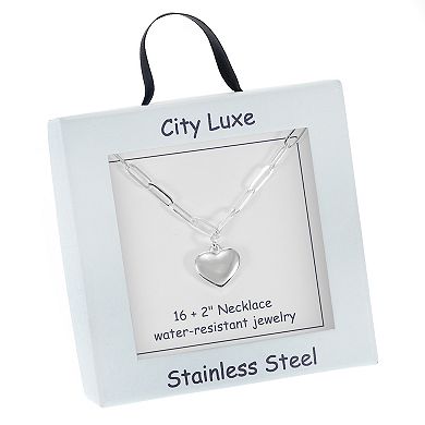 City Luxe Waterproof Silver Tone Paperclip Chain Heart Necklace