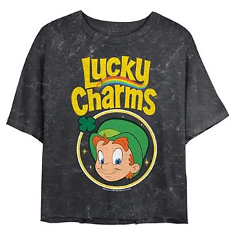 Juniors' Lucky Charms Leprechaun Stamp Cropped Graphic Tee