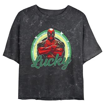 Juniors' Marvel Deadpool Lucky Cropped Graphic Tee