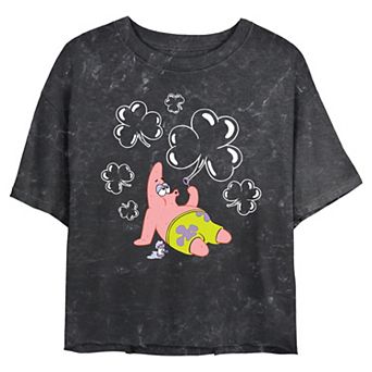 Juniors' Nickelodeon SpongeBob SquarePants Patrick Shamrock Bubbles Cropped Graphic Tee