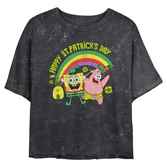 Juniors' Nickelodeon SpongeBob SquarePants And Patrick Happy Saint Patrick's Day Cropped Graphic Tee