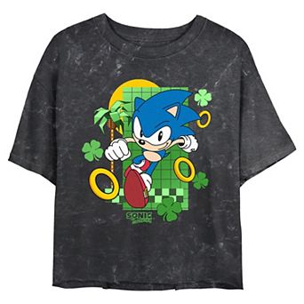 Juniors' Sonic The Hedgehog Running Rings And Shamrocks Cropped Graphic Tee
