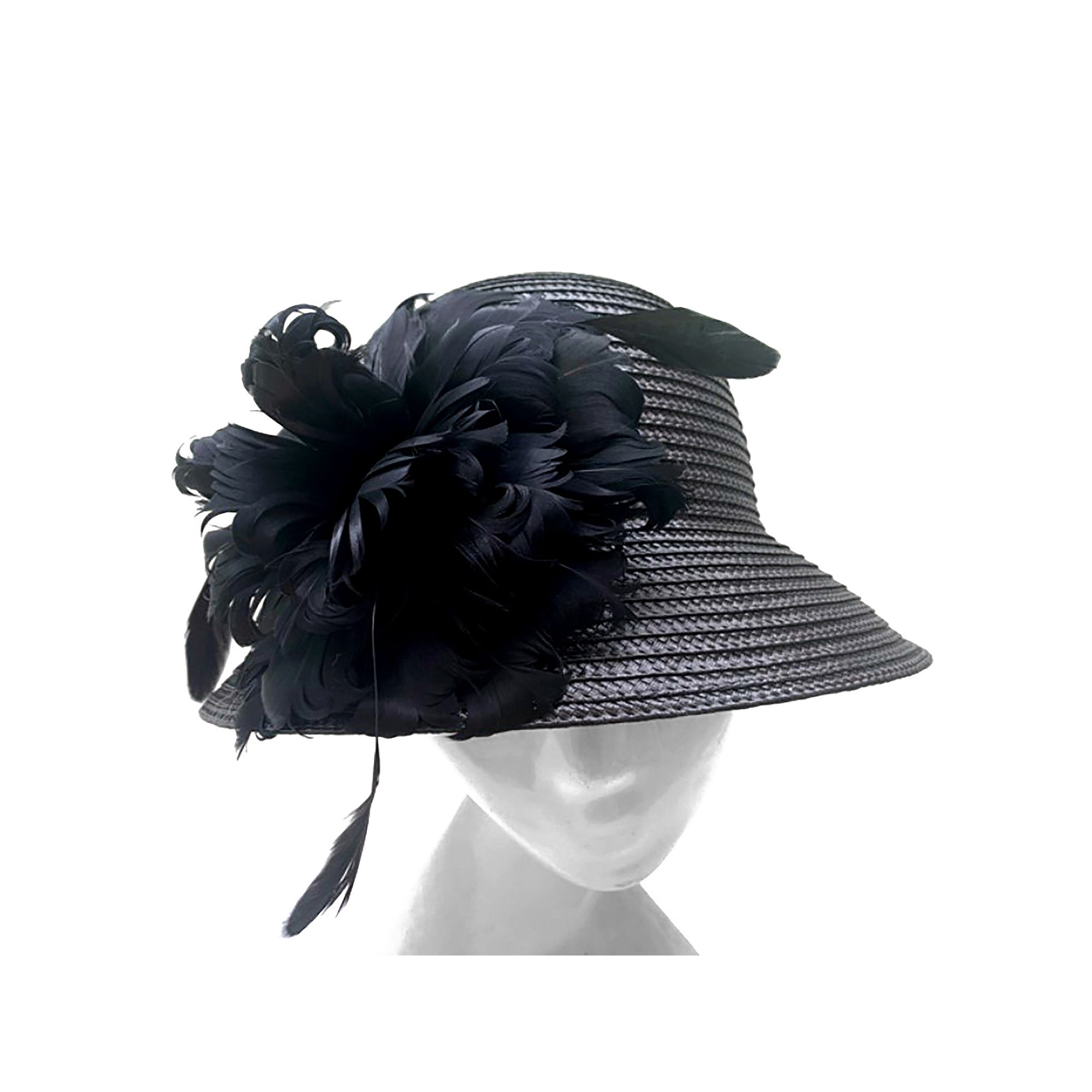 Womens Bellisima Feather Flower Braided Cloche Hat, Black