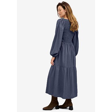 ellos Plus Size Smocked Bodice Tiered Midi Dress