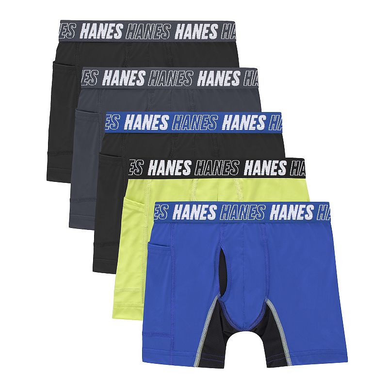 Boys Hanes® 5 Pack Moves Anti-Chafe Ultimate X Temp Odor Control Moisture Wicking Boxer Briefs Underwear, Boy's, Size: XL, Black Asst