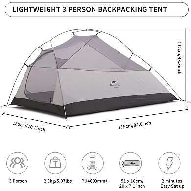 Naturehike Cloud-Up 3 Person Lightweight Backpacking Tent with Footprint Free Standing Dome Tents