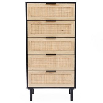 LuxenHome Black and Brown Wood 5-Drawer Chest
