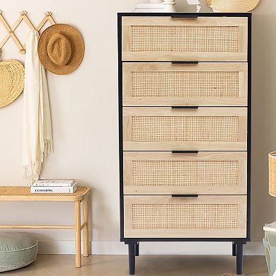 LuxenHome Black and Brown Wood 5-Drawer Chest