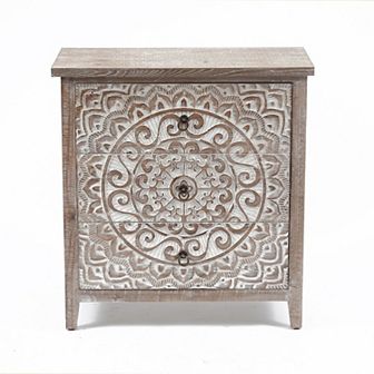 LuxenHome 3-Drawer 30.5" H x 28.5" W Rustic Floral Carved Wood Accent Chest