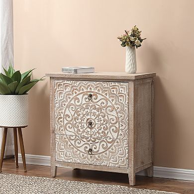 LuxenHome 3-Drawer 30.5" H x 28.5" W Rustic Floral Carved Wood Accent Chest
