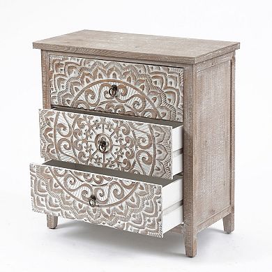 LuxenHome 3-Drawer 30.5" H x 28.5" W Rustic Floral Carved Wood Accent Chest