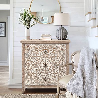 LuxenHome 3-Drawer 30.5" H x 28.5" W Rustic Floral Carved Wood Accent Chest