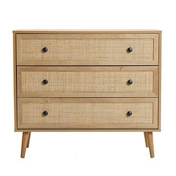 LuxenHome 35.4" Wide 3-Drawer Rattan Light Oak Finish Wood Dresser