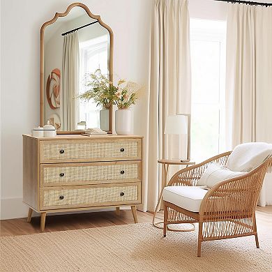 LuxenHome 35.4" Wide 3-Drawer Rattan Light Oak Finish Wood Dresser