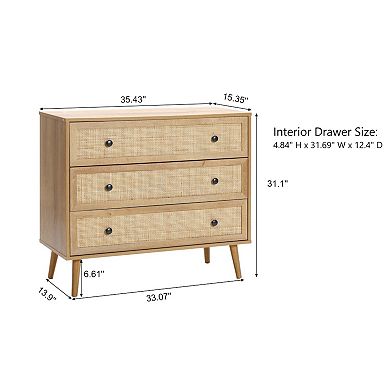 LuxenHome 35.4" Wide 3-Drawer Rattan Light Oak Finish Wood Dresser