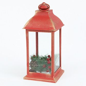 LuxenHome Lighted Berry and Pinecone Rustic Red Lantern Holiday Decoration, Tabletop and Centerpiece