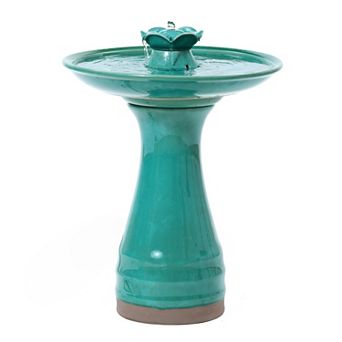 LuxenHome Aqua Glazed Ceramic 22 in Tall Birdbath Fountain