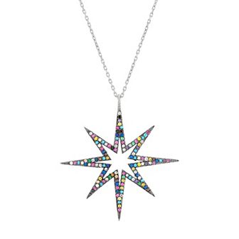 Sterling Silver Multi Color Cubic Zirconia Star Cable Chain Pendant Necklace