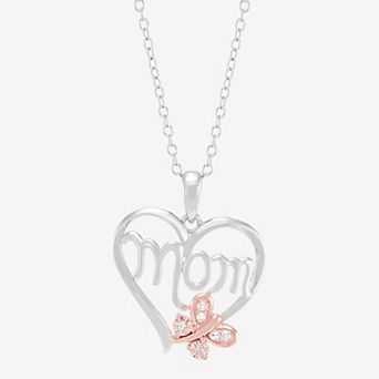 Sterling Silver Diamond Accent "Mom" Heart Rose Gold Plated Butterfly Cable Chain Pendant Necklace