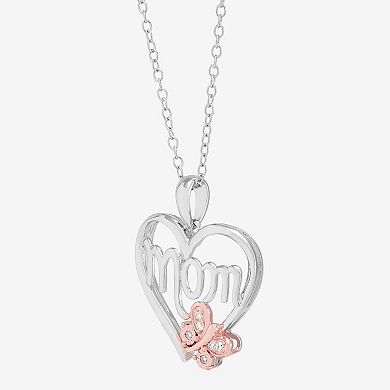 Sterling Silver Diamond Accent "Mom" Heart Rose Gold Plated Butterfly Cable Chain Pendant Necklace