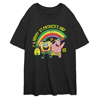 Juniors' Nickelodeon SpongeBob SquarePants And Patrick Happy Saint Patrick's Day Oversized Graphic Tee