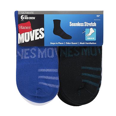 Hanes Moves Ultimate Boys' Seamless Stretch Mid Crew Socks 6-Pairs