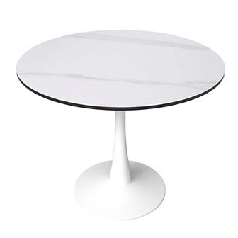 LeisureMod Round Dining Table 35" Sintered Stone Tabletop in White Steel Bistro Series
