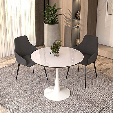 LeisureMod Round Dining Table 35" Sintered Stone Tabletop in White Steel Bistro Series