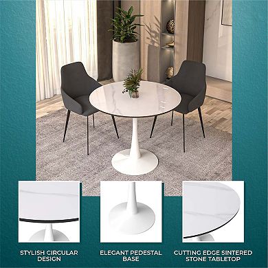 LeisureMod Round Dining Table 35" Sintered Stone Tabletop in White Steel Bistro Series