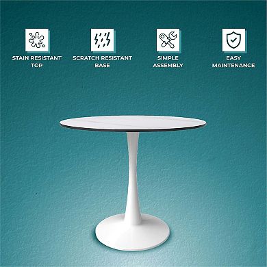 LeisureMod Round Dining Table 35" Sintered Stone Tabletop in White Steel Bistro Series