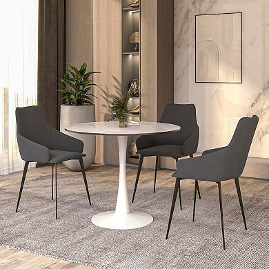 LeisureMod Round Dining Table 35" Sintered Stone Tabletop in White Steel Bistro Series