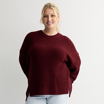 Juniors' Plus Size SO® Drop Shoulder Side Slits Crewneck Sweater