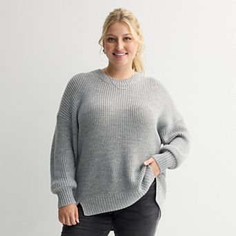 Juniors' Plus Size SO® Drop Shoulder Side Slits Crewneck Sweater