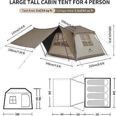 Naturehike Camping 2x4 Person Pop Up Tent Family Dome Waterproof Throw Easy Set Up Automatic Tent.