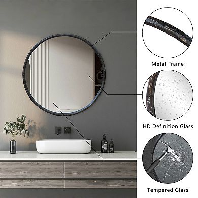 Parisloft 31.8" Antique Black Round Metal Wall Mirror with Tempered Glass