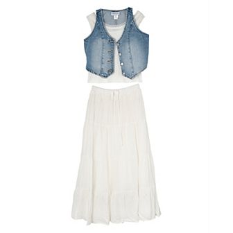 Girls 7-16 Tween Diva 3 pc Cami, Denim Vest & Maxi Skirt Set
