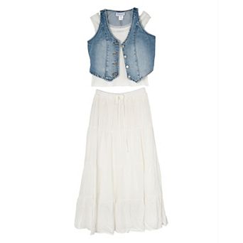 Girls 7-16 Tween Diva 3 pc Cami, Denim Vest & Maxi Skirt Set