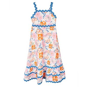 Girls 7-16 Rare Editions Tropical Print Ric Rac Trim Maxi Dress