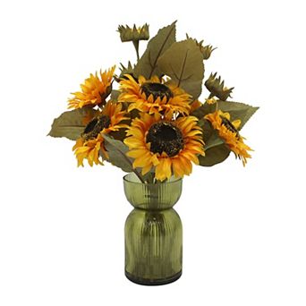 Everyday Decor Artificial Sunflowers in Glass Ribbed Vase