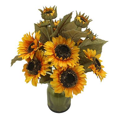 Everyday Decor Artificial Sunflowers in Glass Ribbed Vase
