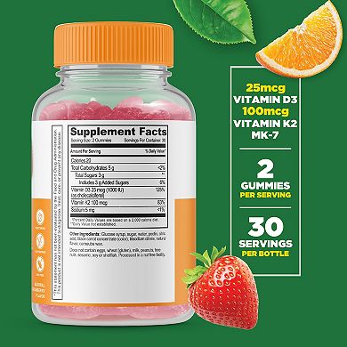 Lifeable® Vitamin D3 + K2 Gummies - Bone Health And Immunity - 60 Gummies