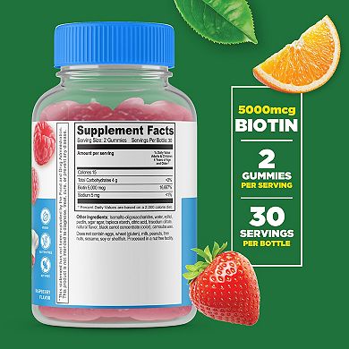Lifeable® Sugar Free Biotin for Kids 5,000 mcg Gummies - Hair Skin And Nails - 60 Gummies