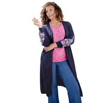 Roaman's Women's Plus Size Embroidered Duster Cardigan