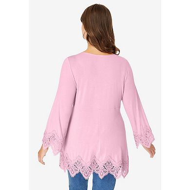 Roaman's Women's Plus Size Empire Waist Boho Lace Trimmed Tee