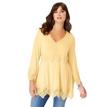 Roaman's Women's Plus Size Empire Waist Boho Lace Trimmed Tee