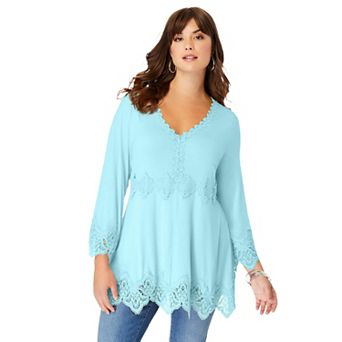 Roaman's Women's Plus Size Empire Waist Boho Lace Trimmed Tee