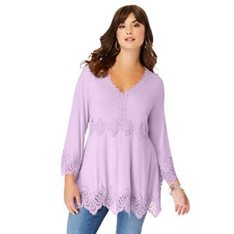 Roaman's Women's Plus Size Empire Waist Boho Lace Trimmed Tee