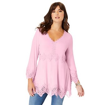 Roaman's Women's Plus Size Empire Waist Boho Lace Trimmed Tee